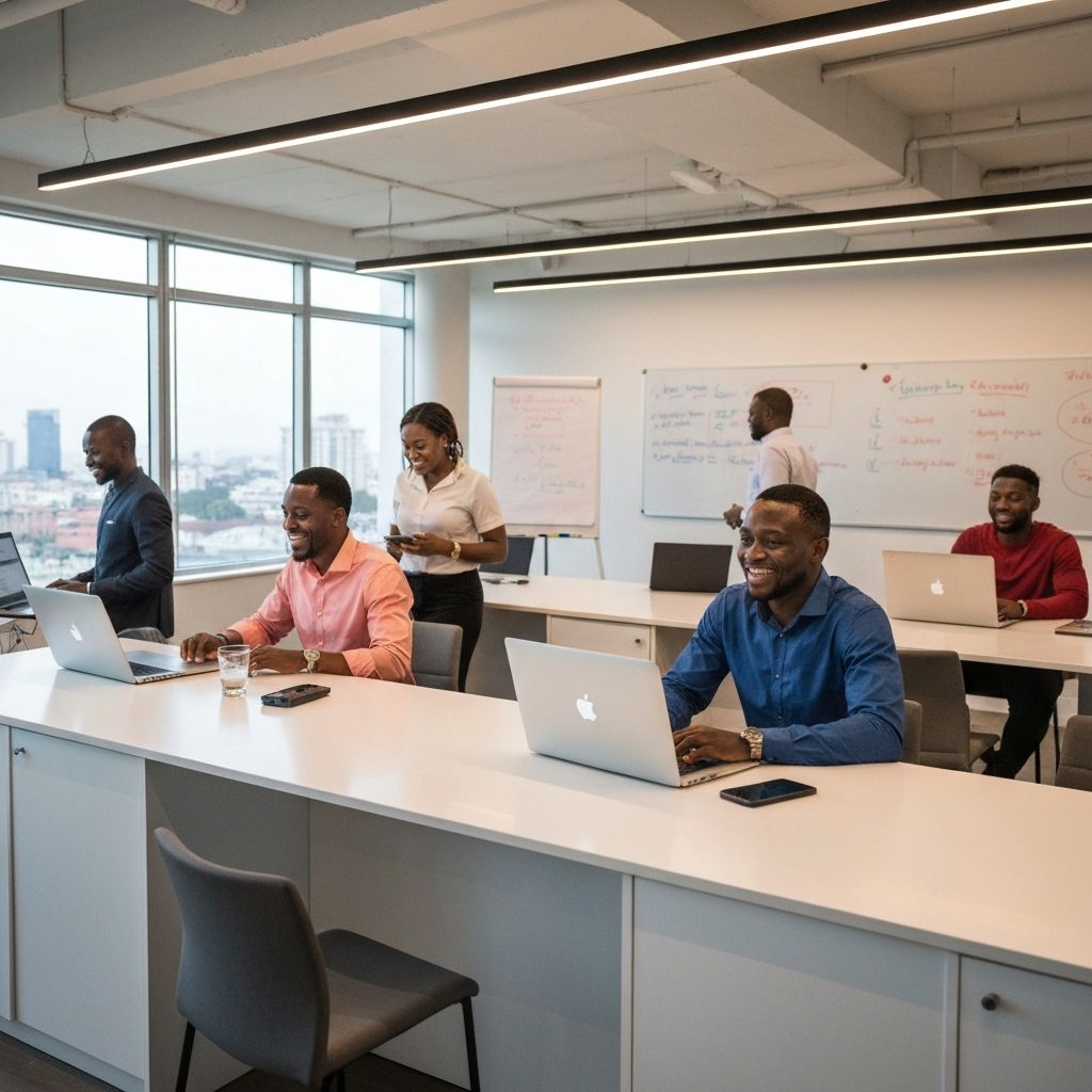 Young African entrepreneurs collaborating in innovation hub